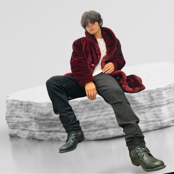 Men's Manzini Burgundy | Black Faux Fur Casual Overcoat NWT