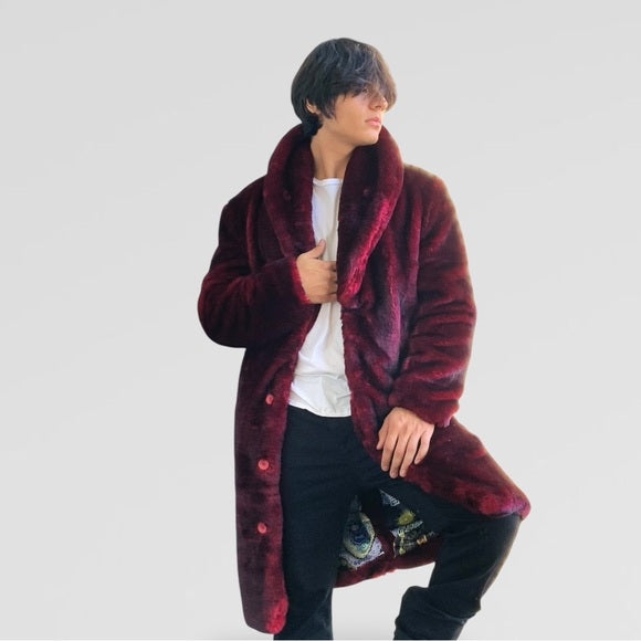 Men's Manzini Burgundy | Black Faux Fur Casual Overcoat NWT