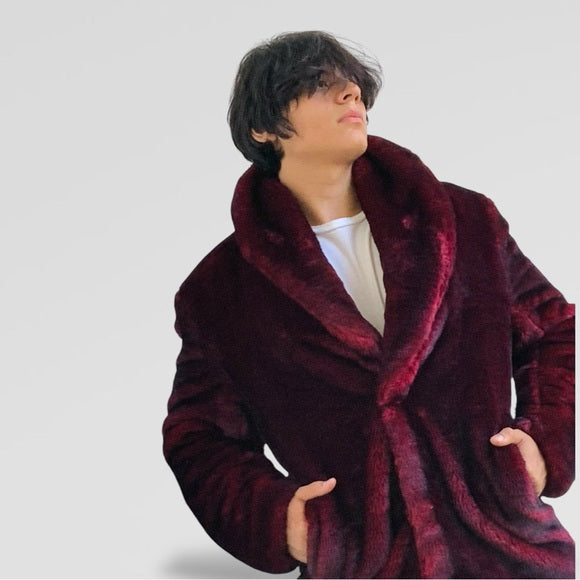 Men's Manzini Burgundy | Black Faux Fur Casual Overcoat NWT