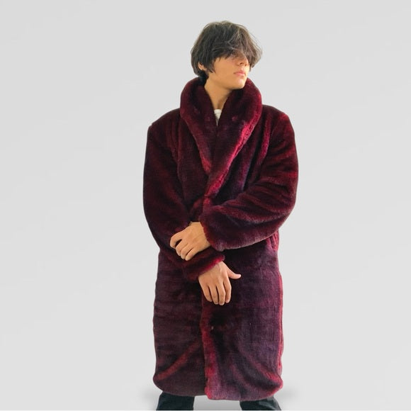 Men's Manzini Burgundy | Black Faux Fur Casual Overcoat NWT