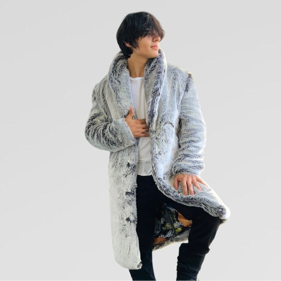 Men's Manzini Silver Faux Fur Luxury Winter Overcoat NWT