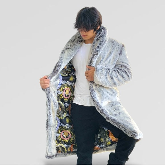 Men's Manzini Silver Faux Fur Luxury Winter Overcoat NWT