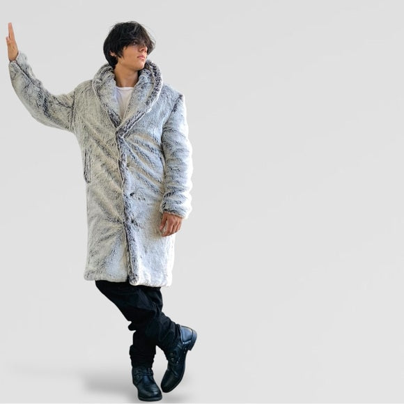 Men's Manzini Silver Faux Fur Luxury Winter Overcoat NWT