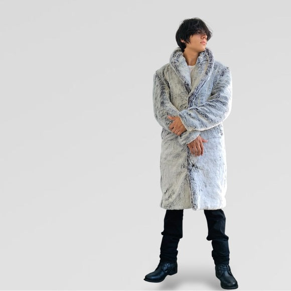 Men's Manzini Silver Faux Fur Luxury Winter Overcoat NWT