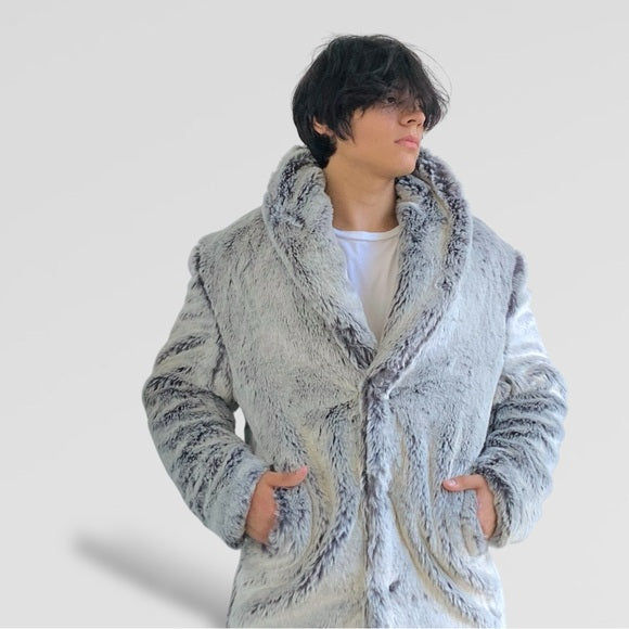 Men's Manzini Silver Faux Fur Luxury Winter Overcoat NWT