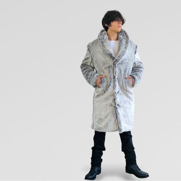 Men's Manzini Silver Faux Fur Luxury Winter Overcoat NWT
