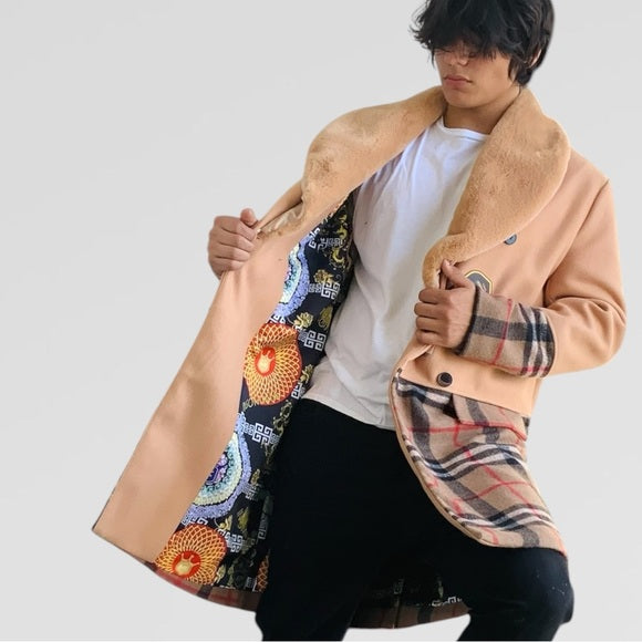 Men's Manzini Solid Tan | Plaid Faux Fur Casual Overcoat NWT