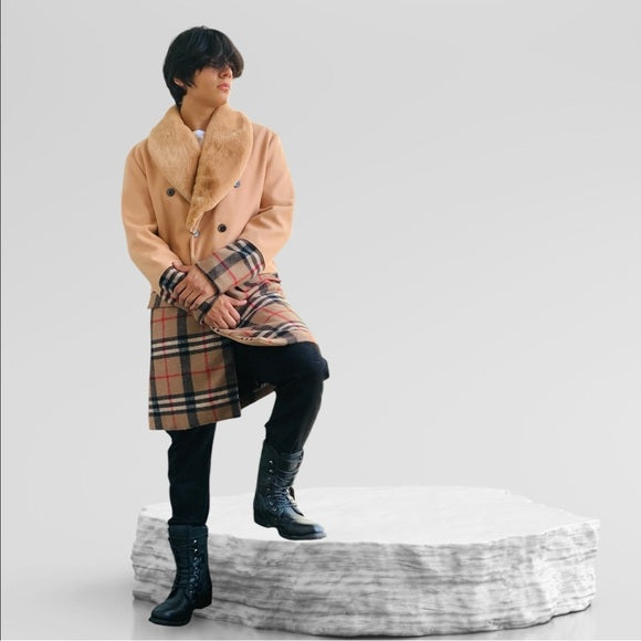 Men's Manzini Solid Tan | Plaid Faux Fur Casual Overcoat NWT