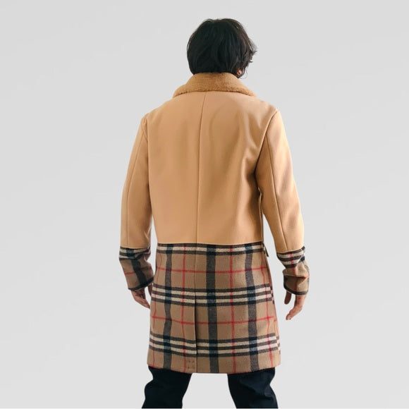 Men's Manzini Solid Tan | Plaid Faux Fur Casual Overcoat NWT