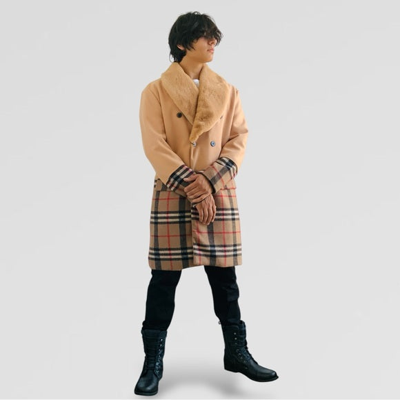 Men's Manzini Solid Tan | Plaid Faux Fur Casual Overcoat NWT