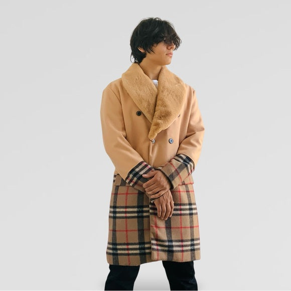 Men's Manzini Solid Tan | Plaid Faux Fur Casual Overcoat NWT