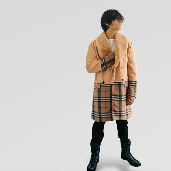 Men's Manzini Solid Tan | Plaid Faux Fur Casual Overcoat NWT