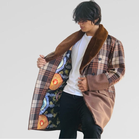 Men's Manzini Solid Brown | Plaid Faux Fur Casual Overcoat NWT