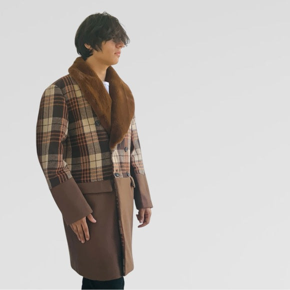 Men's Manzini Solid Brown | Plaid Faux Fur Casual Overcoat NWT