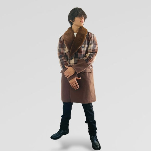 Men's Manzini Solid Brown | Plaid Faux Fur Casual Overcoat NWT