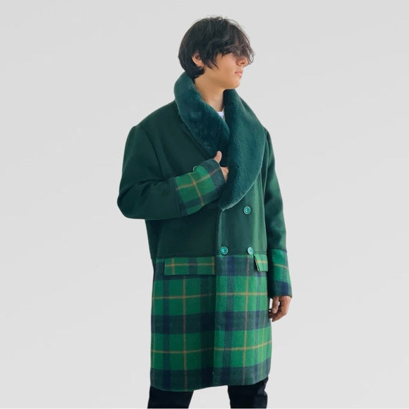 Men's Manzini Solid Green | Plaid Faux Fur Casual Overcoat NWT