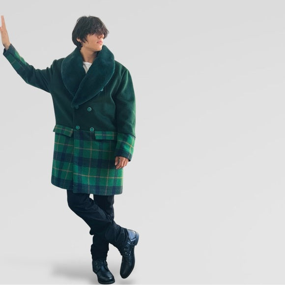 Men's Manzini Solid Green | Plaid Faux Fur Casual Overcoat NWT