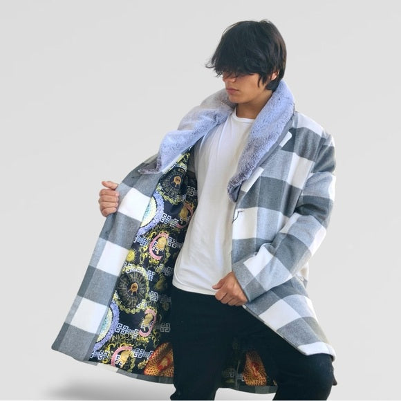 Men's Manzini Grey | White Plaid Faux Fur Casual Overcoat NWT