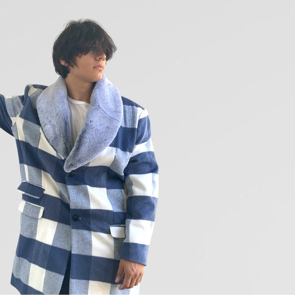 Men's Manzini White | Sky Blue Plaid Faux Fur Casual Overcoat NWT