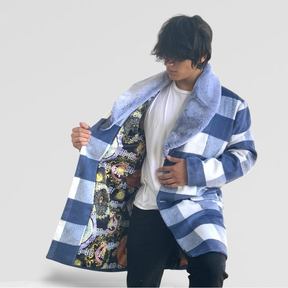 Men's Manzini White | Sky Blue Plaid Faux Fur Casual Overcoat NWT