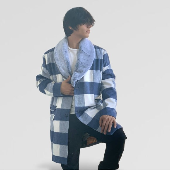 Men's Manzini White | Sky Blue Plaid Faux Fur Casual Overcoat NWT