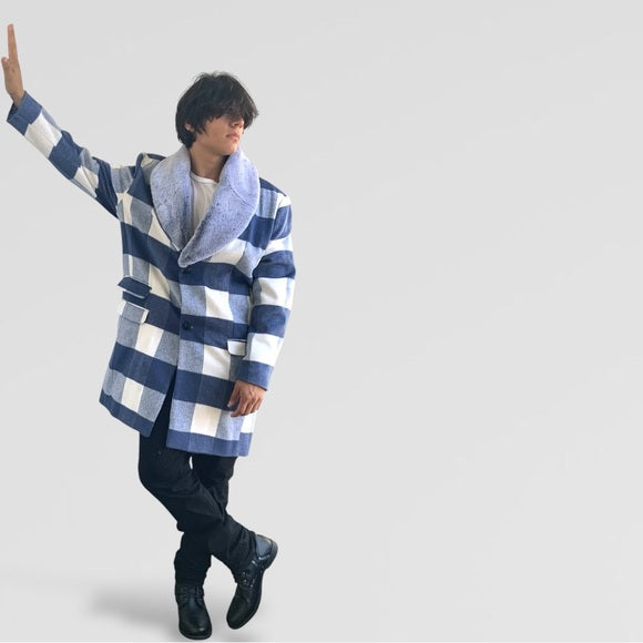 Men's Manzini White | Sky Blue Plaid Faux Fur Casual Overcoat NWT