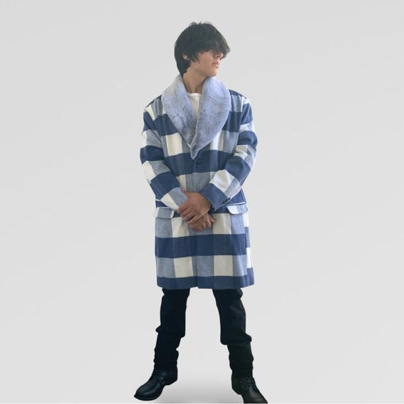 Men's Manzini White | Sky Blue Plaid Faux Fur Casual Overcoat NWT