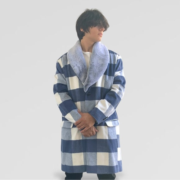 Men's Manzini White | Sky Blue Plaid Faux Fur Casual Overcoat NWT