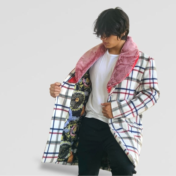 Men's Manzini White | Red | Navy Plaid Faux Fur Casual Overcoat NWT