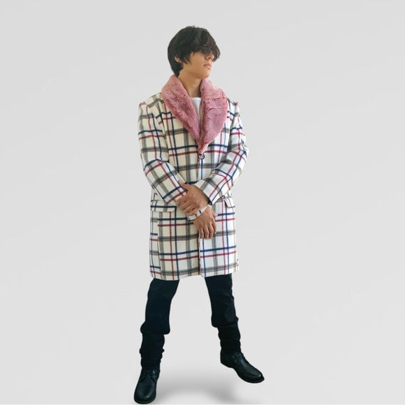 Men's Manzini White | Red | Navy Plaid Faux Fur Casual Overcoat NWT
