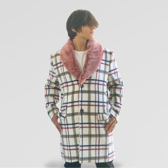Men's Manzini White | Red | Navy Plaid Faux Fur Casual Overcoat NWT