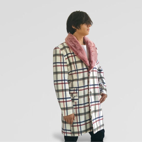 Men's Manzini White | Red | Navy Plaid Faux Fur Casual Overcoat NWT