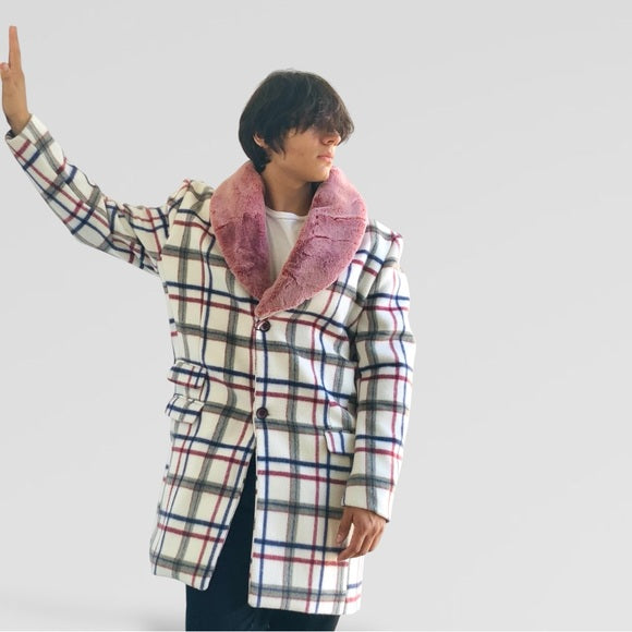 Men's Manzini White | Red | Navy Plaid Faux Fur Casual Overcoat NWT