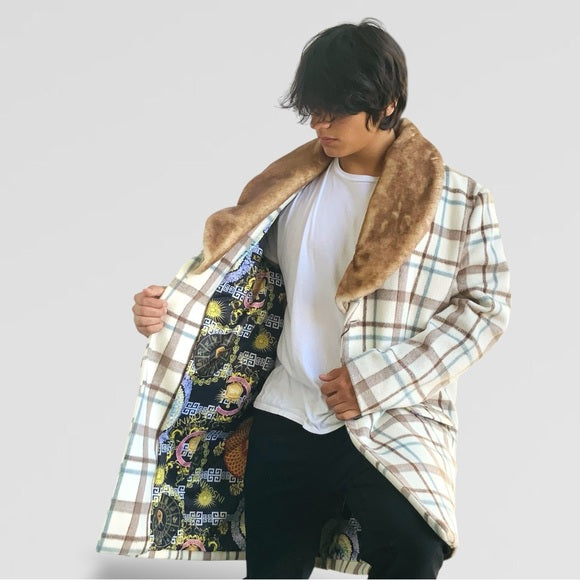 Men's Manzini White | Brown | Sky Blue Plaid Faux Fur Casual Overcoat NWT