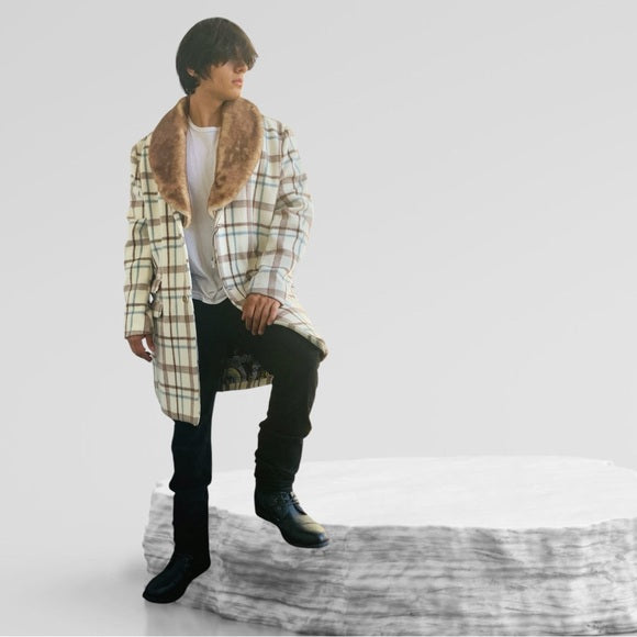 Men's Manzini White | Brown | Sky Blue Plaid Faux Fur Casual Overcoat NWT
