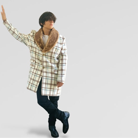 Men's Manzini White | Brown | Sky Blue Plaid Faux Fur Casual Overcoat NWT
