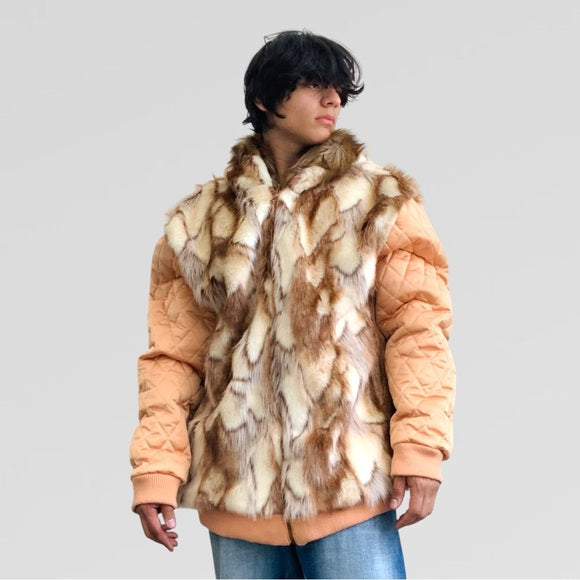 Men's Manzini Copper | Ivory Faux Fur Hooded Casual Jacket NWT