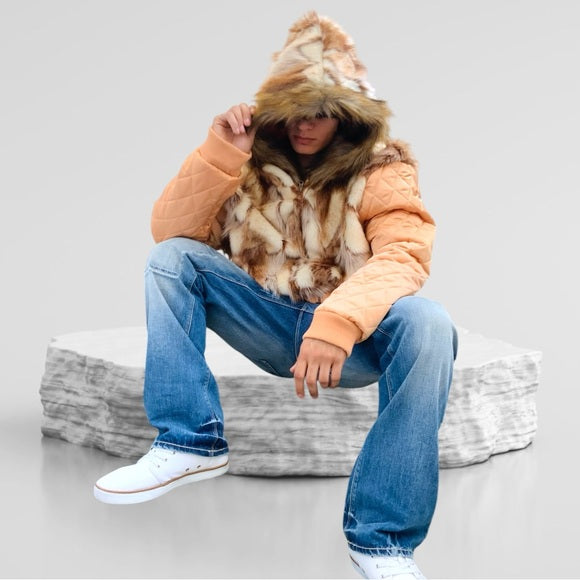 Men's Manzini Copper | Ivory Faux Fur Hooded Casual Jacket NWT