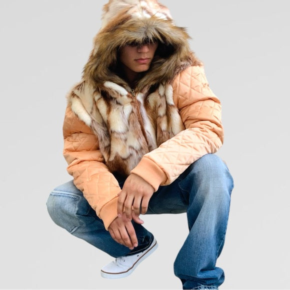 Men's Manzini Copper | Ivory Faux Fur Hooded Casual Jacket NWT
