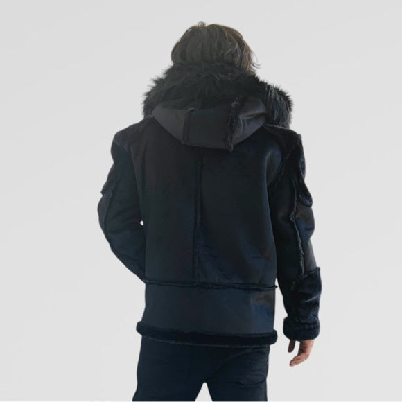 Men's Manzini Black Faux Fur Hooded Winter Jacket NWT