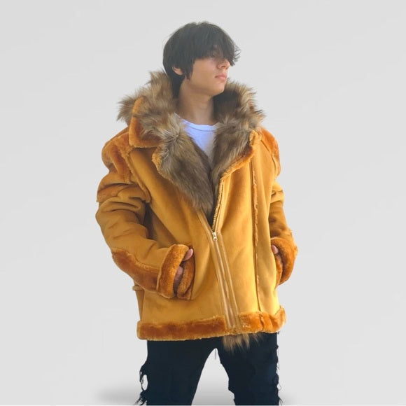 Men's Manzini Cognac | Tan Faux Fur Hooded Casual Jacket NWT