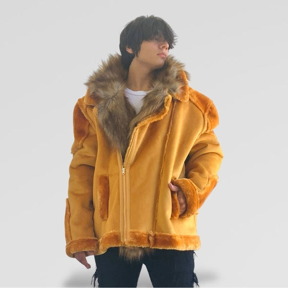 Men's Manzini Cognac | Tan Faux Fur Hooded Casual Jacket NWT