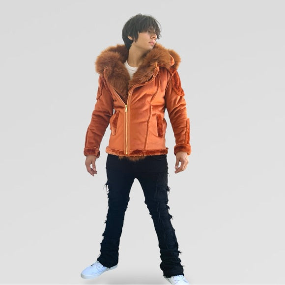 Men's Manzini Rust Burn Faux Fur Hooded Winter Jacket NWT