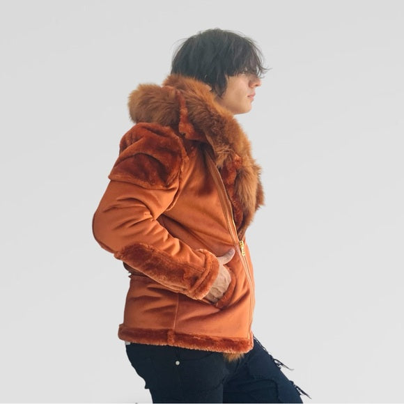 Men's Manzini Rust Burn Faux Fur Hooded Winter Jacket NWT