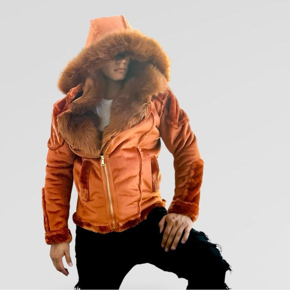 Men's Manzini Rust Burn Faux Fur Hooded Winter Jacket NWT