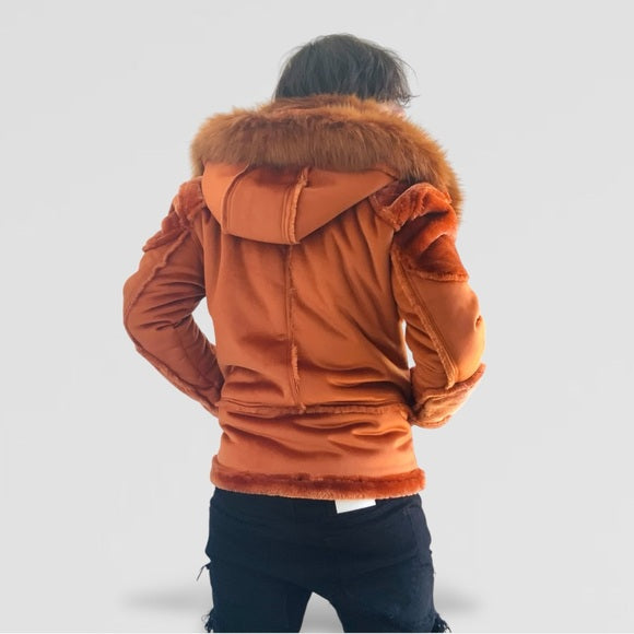 Men's Manzini Rust Burn Faux Fur Hooded Winter Jacket NWT