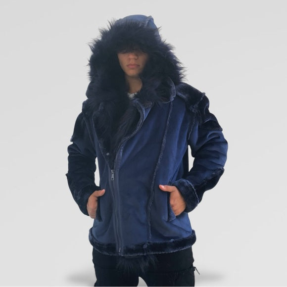 Men's Manzini Navy Faux Fur Winter Jacket NWT