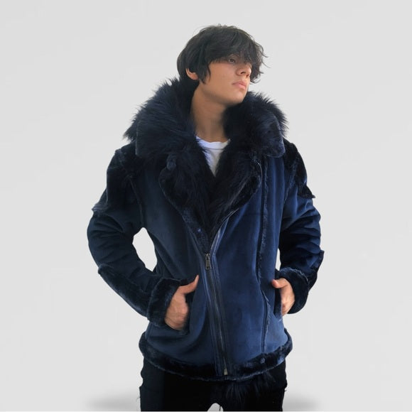 Men's Manzini Navy Faux Fur Winter Jacket NWT