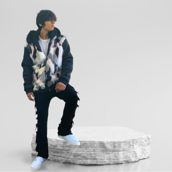 Men's Manzini Black | Ivory | Pink Faux Fur Hooded Casual Jacket NWT