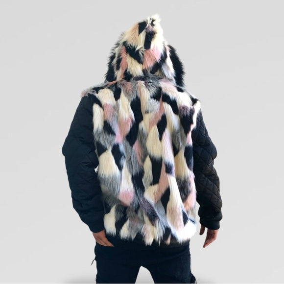 Men's Manzini Black | Ivory | Pink Faux Fur Hooded Casual Jacket NWT